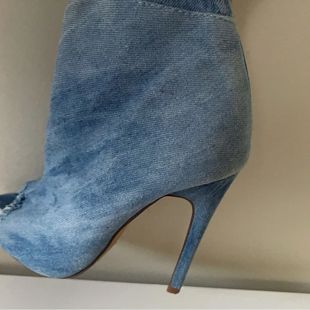 Blue Denim Knee High Peep Toe Boots Party Club Streetwear Festival